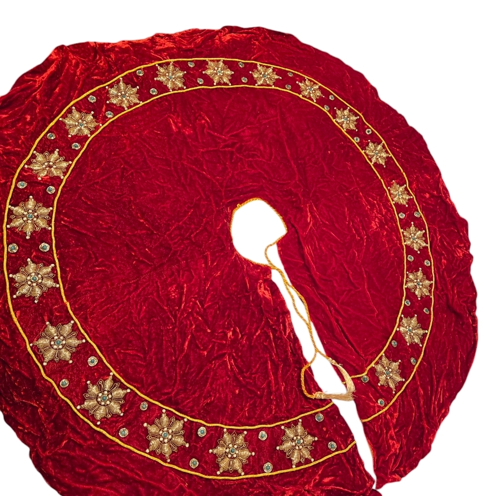 $930 Sudha Pennathur Red Beaded Velvet Tree Skirt, 40" Master Embroidered  Fancy